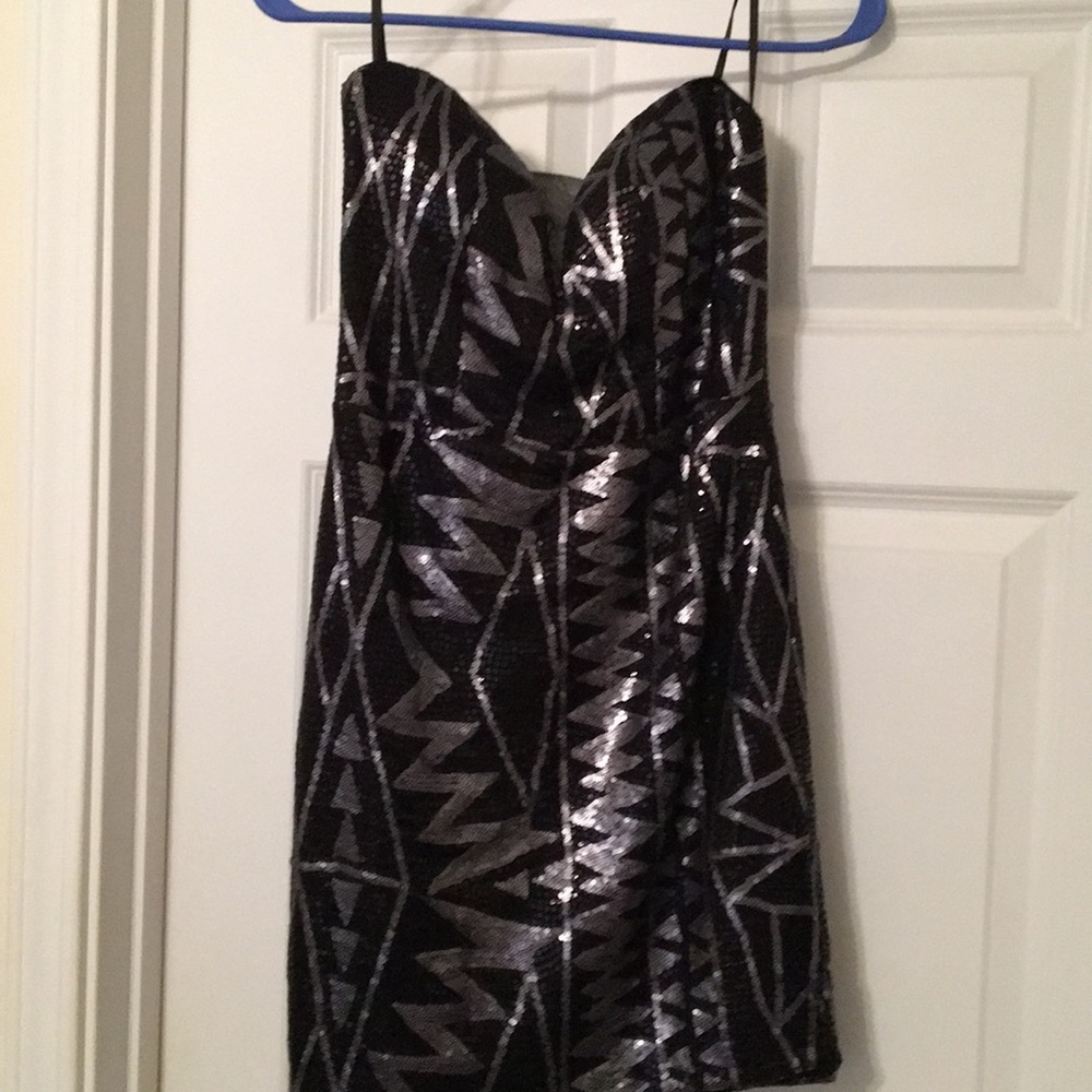 Black and silver sequins strapless mini dress